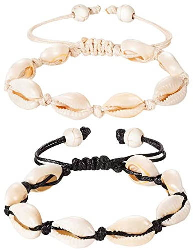 Liitata Lot de 2 bracelets de cheville en coquillages naturels faits à la main, style bohème, réglables, pour l'été, hawaïen, plage, bijoux pour femmes et filles, blanc et