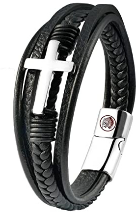 Casisto.J läderarmband män kors armband – Jesus Kristus krucifix män armband med magnetlås, gåva till pappa son make bror konfirmation, 20CM, Rostfritt stål