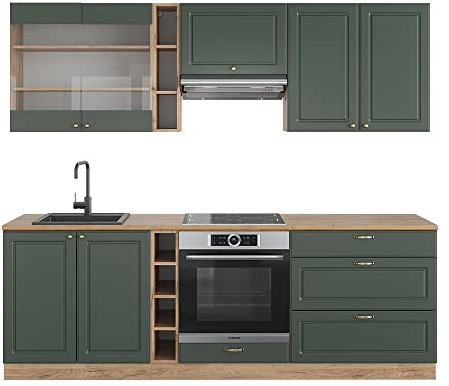 Vicco Küchenzeile Fame-Line, Grün-Gold Landhaus/Goldkraft Eiche, 235 cm ohne Arbeitsplatte