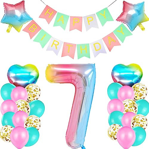 Geburtstagsdeko Mädchen 7 Jahr, Luftballon Rosa, Ballon 7. Geburtstag, Riesen Folienballon Zahl 7, Happy Birthday Girlande für Deko Party
