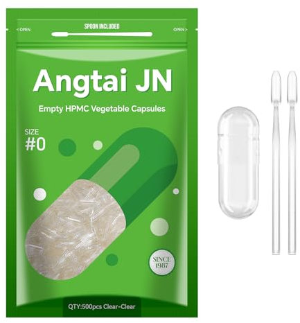Angtai JN Capsule Vuote Vegetali Taglia 0-Chiavi Capsule Vuote per Riempimento con 2 Micro Cucchiai, Capsule Vuote Fai-Da-Te Compatibili con Dimensioni di Riempimento Capsule 0, 500 Unità