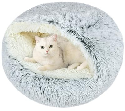 Arquiel Cat Bed Round, Hooded Cave Fluffy Dog Beds, Cozy Donut Anti Anxiety Dog Bed for Small Pets, Gifts for Pet Lovers(20×20inch, Grey)