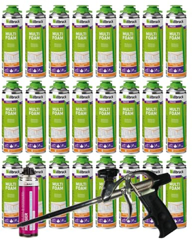 FM220 Bauschaum Montageschaum Pistolenschaum Multischaum Fensterschaum hohe Schalldämmung Wärmedämmung 500ml Kombisets (mit Reiniger AA290 + Schaumpistole Profi Teflon, 24x 500ml)