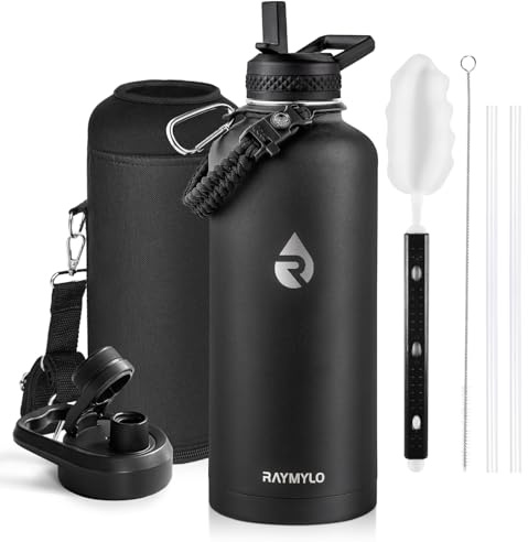 RAYMYLO Botella de agua aislada de 87 onzas, acero inoxidable al vacío de triple pared (fría durante 48 horas), a prueba de fugas y sin BPA, jarra de agua moderna con asa de paracaídas y tapas de