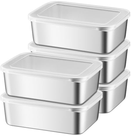 Sporgo 5 contenitori salvafreschezza con coperchio: 1100 ml, in acciaio inox, riutilizzabili, contenitori per congelatore, contenitori per alimenti, frutta, insalate, caramelle e marmellate