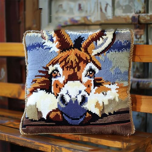 RKFLGEW DIY knüpfen set anfänger Cartoon-Esel knüpfkissen mit vordruck Cartoon-Tiere DIY Haken-Knüpfset，Kissenbezug，Teppich，bedrucktes Kissen，Häkelgarn，Stickerei，Dekoration，Anfänger-Knüpfse 43x43cm