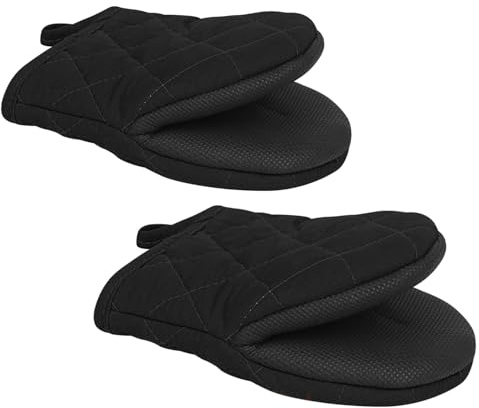 1 Pair Short Oven Mitts, Non-Slip Grip Surfaces and Hanging Loop Gloves, Heat Resistant Silicone Kitchen Mini Oven Mitts for 500 Degrees, Baking Grilling Barbecue Microwave Machine Washable (Black)