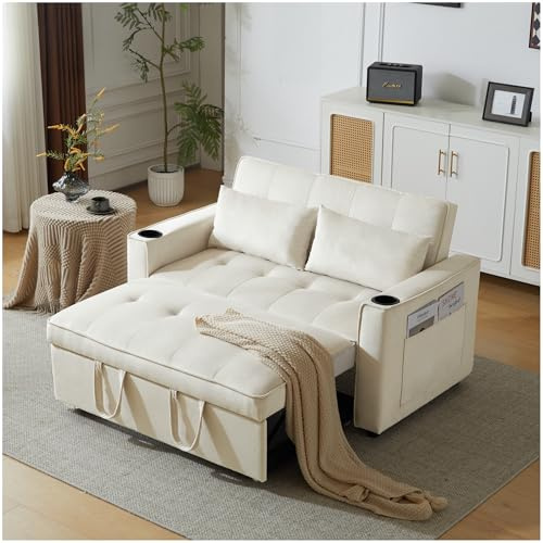 Sapgaks 2-Sitzer-Sofa mit Getränkehalter, klappbares Schlafsofa, ausziehbar, Samt, Beige