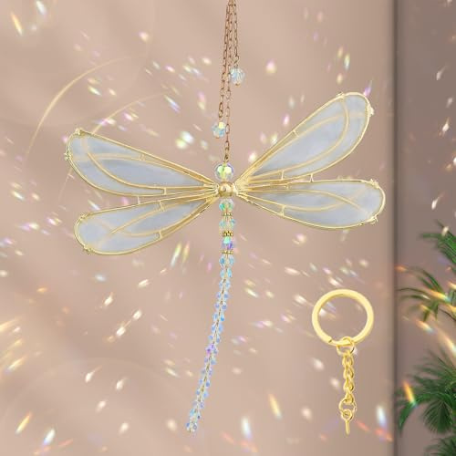 Suncatcher Fensterdeko Kristalle SonnenfäNger Fenster Prisma Kristall Deko Regenbogen Glas Kristalle Zum AufhäNgen SonnenfäNger Garten(Metal Libelle),mit 1 Schlüsselanhänger