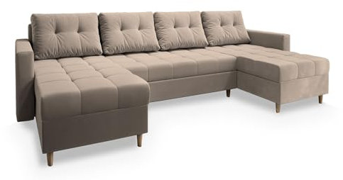 Masseno Ecksofa Milo U mit Schlaffunktion U-Form, Sofa mit Bettkasten, Wohnzimmersofa, Couch, Soffa, Bettsofa, Couchgarnitur- Beige, Paros 02
