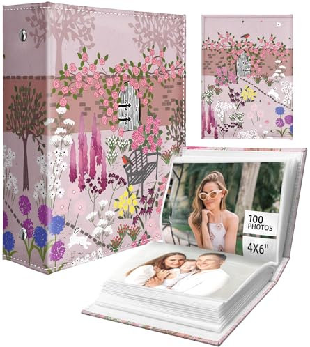 Slohif Photo Album 4x6 Pictures Leather Small Memory Book Keepsake for Family Wedding Postcard 100 Pockets Personalized Couples Photobook for Engagement Travel Vacation Birthday Honeymoon Flower
