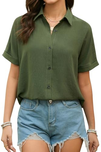 Stamain blus dam, kortärmad, musslin, skjortblus, dam, sommar, långärmad, blus, skjorta, enkelfärgad, elegant, v-ringad, kortärmad blus, Armégrön, M