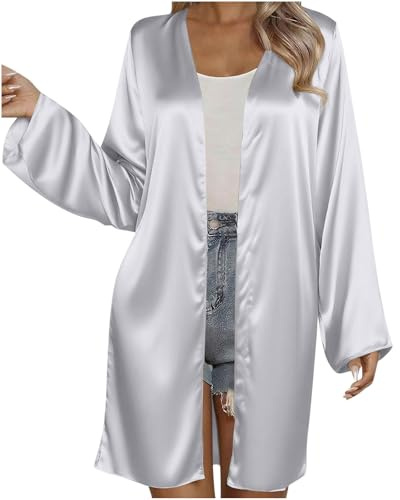 Wyongtao Cardigan Boléro Femme Long en Satin,Gilet Femme Soie Doux Et Confortable,Femmes Boléro Chic Et Elegant Couleur Unie,Cardigan Ouvert sur Le Devant,Gilets Long Manteau Manches Longues