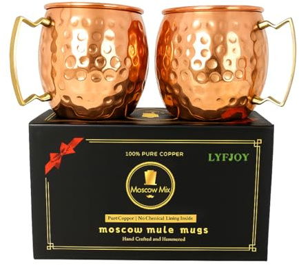 LYFJOY Premium Copper Design Moscow Mule Mug Drinkware | Serveware Perfect for Cocktails Drinks Hot | Cold Traditional Durable Classic Home Gifts 550ml (Hammered MuleMug+BrassHandle, Pack of 2)