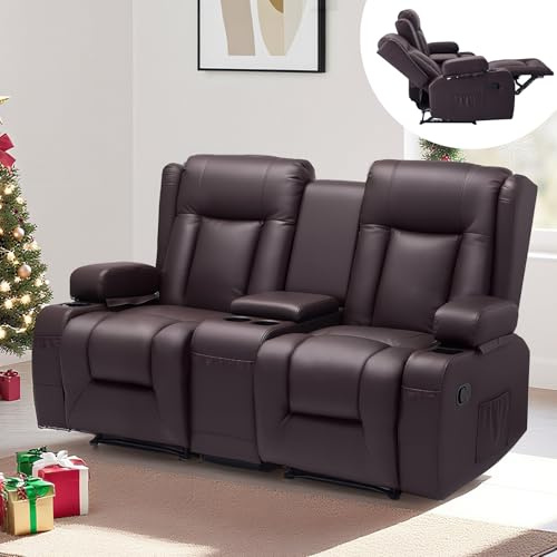 VEVOR Sofá Reclinable de 2 Plazas, con Consola Central, Piel Sintética, Puertos USB, Portavasos y Compartimentos, para Dormitorio, Sala de Estar y Oficina, Color Marrón, 160,1 x 166,5 x 82 cm