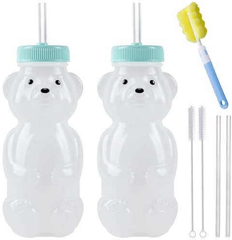 Honey Bear Straw Cups, Juice Bear Bottle Drinking Cup Long Straws with 4 Flexible Straws & Cleaning Tools, 8-Ounce Therapy Sippy Bottles for Speech and Feeding Training, Food-Grade & BPA Free 2 Pack