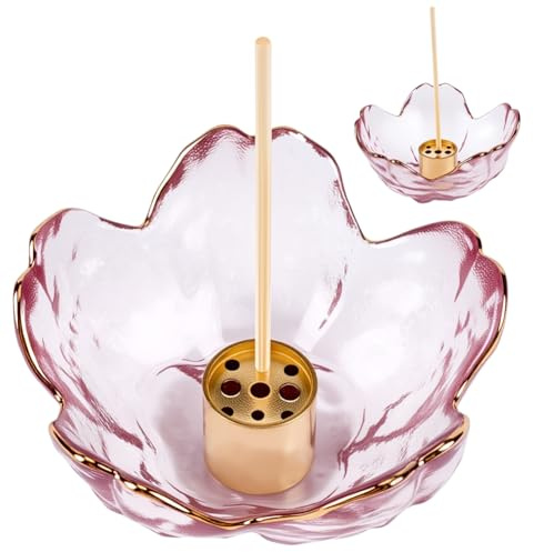 CREATCABIN Bol Verre Porte Encens Récupérateur Cendres Bord Doré Fleur Plat Trempage Verre Colonne à 9 Trou Support Laiton Brûleur Cendres Ensemble Récupérateur Bâtons pour Yoga Spa Maison Bureau