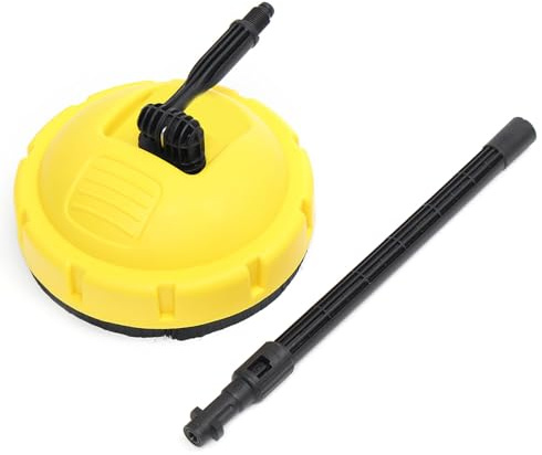 Idropulitrice con ugello a getto rotante, spazzola, di prolunga e adattatore per terrazze, cortili, vialetti e garage, in plastica gialla.
