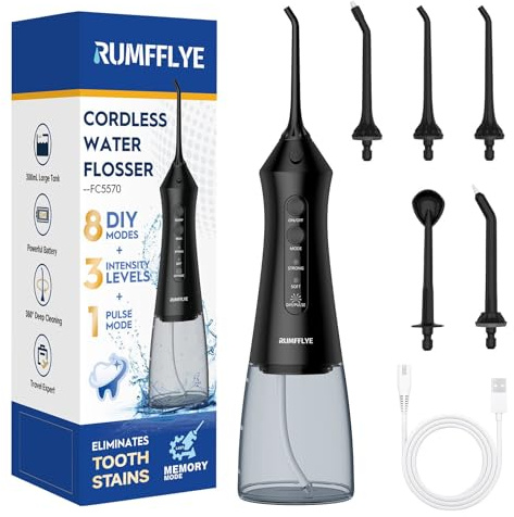 RUMFFLYE Idropulsore Dentale Portatile Irrigatore Orale Professionale Water Flosser Idropulsore Denti con 12 Modalità Serbatoio Visibile 300ML Ricaricabile Impermeabile IPX7 per Casa e Viaggi Nero