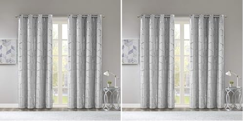 Intelligent Design Raina Total Blackout Metallic Print Grommet Top Single Curtain Panel Thermal Insulated Light Blocking Drape for Bedroom Living Room and Dorm 1 Piece, 50x84, Grey/Silver (Pack of 2)
