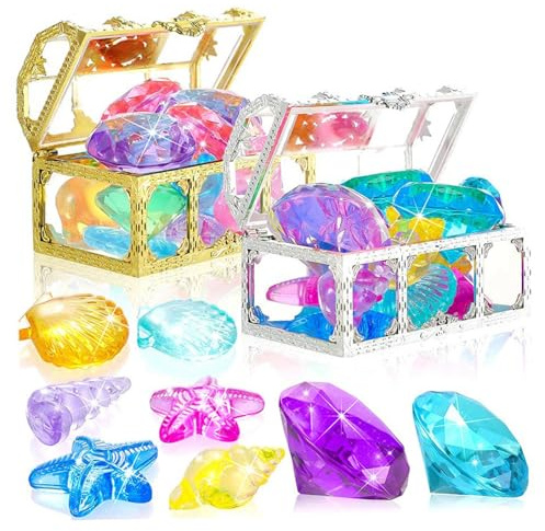BeVistoso 32 Piezas de Juguetes de Buceo en Piscina, Buceo Colorido, Varias Formas, Juguetes de Diamantes con Caja de Pirata del Tesoro, plástico bajo el Agua para niños, niñas