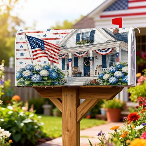 Coperture magnetiche per cassetta delle lettere con bandiera americana, patriottiche tradizionali stelle ortensie giorno dell'indipendenza copertura per cassetta delle lettere rossa per esterni