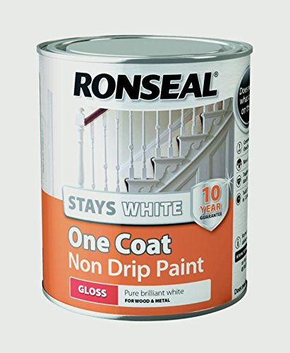 Ronseal Stays White One Coat 750ml Non Drip Gloss Pure Brilliant White Paint for Wood and Metal
