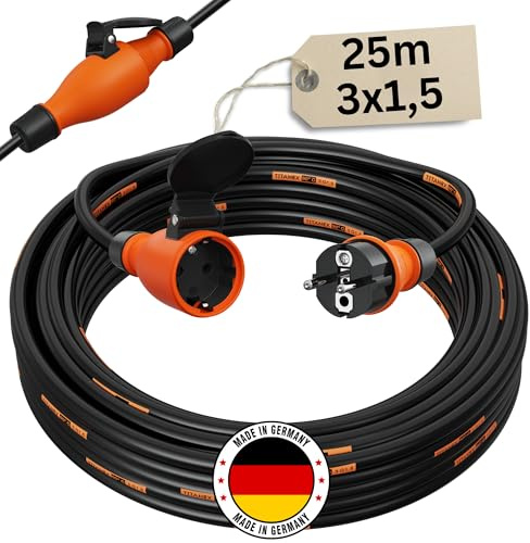 Verlängerungskabel 25 Meter IP54 Außen Verlängerung 25m Stromkabel Außenbereich Kabel Strom Verlaengerungskabel Gummikabel TITANEX 3x1,5 Schuko Outdoor Extension Cord