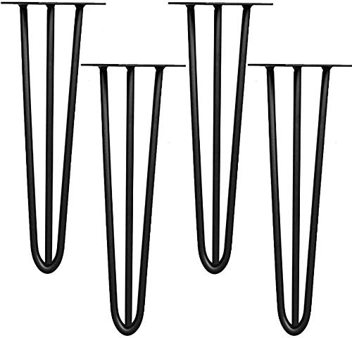Melko Hairpin Legs Tischbeine 4-teilig 60 cm 3 Streben Stahl 12 mm Schwarz | inkl. Bodenschoner und Befestigungsschrauben, vorgebohrte Montageplatte, pulverbeschichtet, für Esstisch und Sitzbank