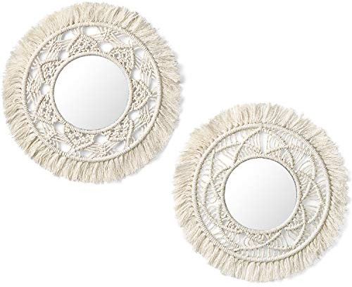 Mkono Hanging Wall Mirror with Macrame Fringe 2 Set Small Round Decoration Boho Antique Mirror for Apartment LivingRoom Bedroom Baby Nursery,Beautiful Gift Ideas