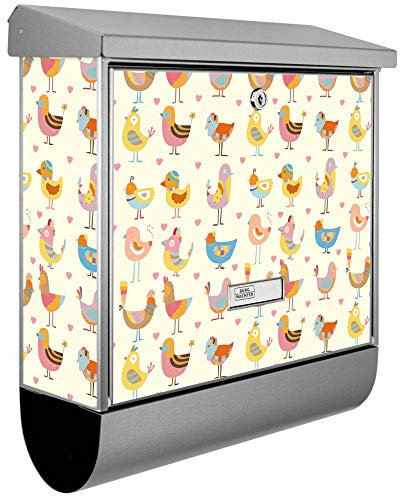 banjado® Burgwächter Briefkasten Edelstahl 38x39x12cm mit Motiv Lustige Vögel/Briefkasten Edelstahl ohne Zeitungsfach/Briefkasten grau/Postkasten inkl. Montagematerial & 2 Schlüsseln