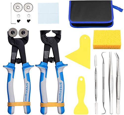 SPEEDWOX Lot de 18 outils de mosaïque - Pince coupante en céramique avec roue de rechange - Grattoirs à pince à épiler - Crochet double extrémité - Spatule - Éponge - Chiffon