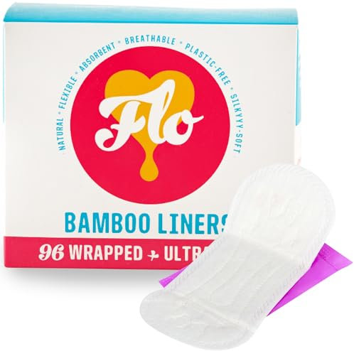 Flo - Daily Liners (96 Pack) Very Light Flow - Wrapped, Ultra-Thin - Natural, Absorbent, Soft & Breathable - Made with Organic Bamboo - Panty Liners for Women - Fragrance Free - Vegan & Cruelty Free