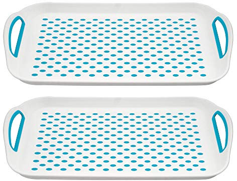 Dashmesh Onlines Set of 2 Anti-Slip Rectangular Serving Tray Non-Slip Top & Bottom Plastic Dinner/Drinks Trays with High Grip Silicone Rubber Surface with Grip Handles Blue, Grey & White