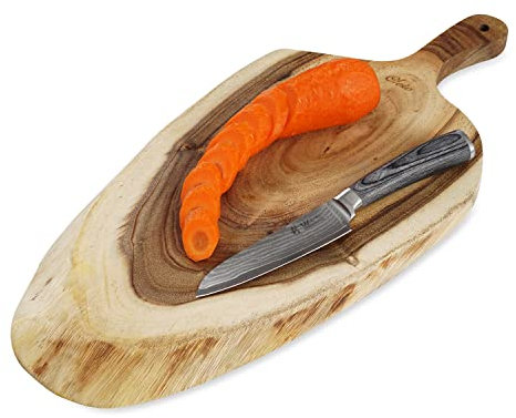 Oleio Schneidebrett Akazienholz 49 × 21,4 × 2 cm (inkl. Griff) | aus massiver Baumscheibe | mit Naturkante & lebensmittelechtem Ölfinish | für Küche & Servieren, Hobby- & Profiköche | in Naturton