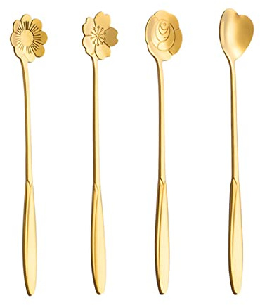 QNCIGER 7-Inch 4 Pcs Flower Spoon Coffee Teaspoon Set, Drink Stirring Spoon for Dessert, Coffee, Ice Cream, Tea (Gold)
