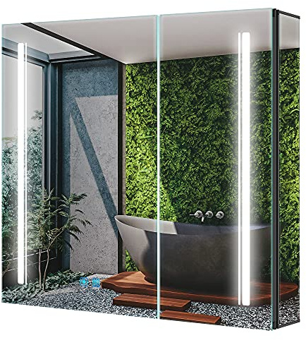 Tokvon® Cascade Bathroom Mirror Cabinet with LED Lights, Anti-Fog, Colour Changing & Touch Sensor, Aluminium Double Door, 650x600mm Dimmable, Shaver Socket, Wall Mount