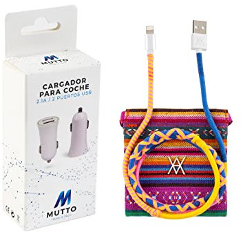 MUTTO Pack Cargador Coche USB, [Puerto Dual QC3.0] 5V / 2A + Cable Datos USB-Lightning Hilo Salmon