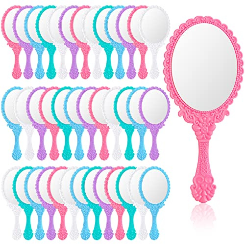 Namalu 40 Pcs Vintage Handheld Mirror Small Embossed Portable Princess Cute Compact Mirror with Handle for Women Valentine Party Favors Travel(White, Purple, Blue, Pink, Green)
