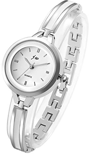JewelryWe Damenuhr Elegant Analog Quarz Armbanduhr Damen Klein Einfach Beiläufige Uhr Spangenuhr mit Metall-Armband Silber