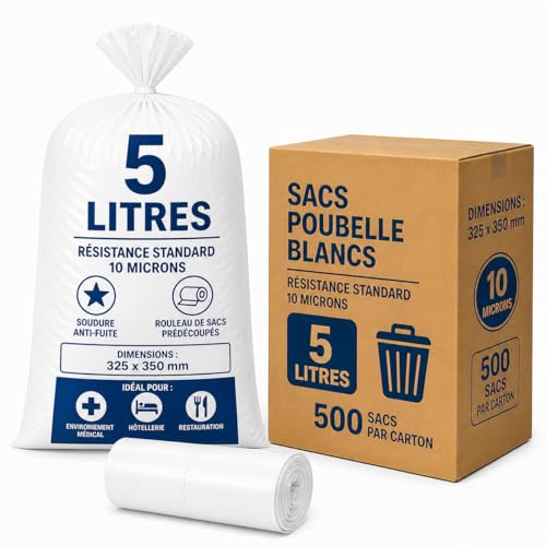Müllbeutel, 5 l, weiß | 500 weiße Beutel (10 Rlx mit 50 Beuteln) | Mülleimer für Badezimmer – WC – Sanitär | Tourismus – Hotels – Auto | Leichter Hygieneabfall – Kosmetik |