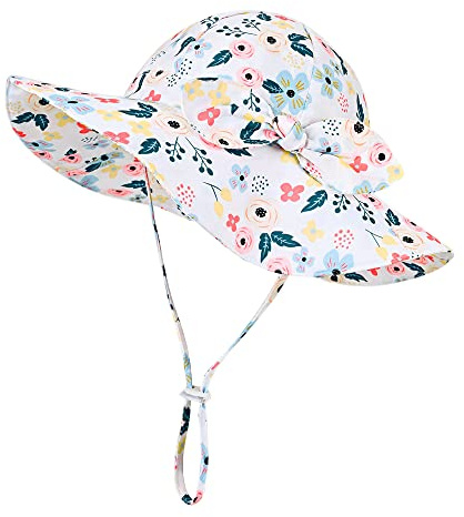 Volicph Baby sommarhatt flicka solhatt småbarn strandhatt baby bucket hat UPF 50 för baby flicka spädbarn barn småbarn, Tryckt rosett på vitt, 0-6 månader