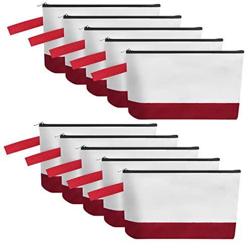 Sinzip Make-up-Tasche aus Baumwollleinen, mit Boden und Gurt, Mehrzweck-Kosmetiktasche mit Reißverschluss, Reise-Kulturbeutel, blanko, Basteltasche, 10 Stück, Weiß/Rot, XS, Leinentaschen