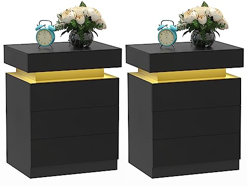 PIPIPOXER 2er Set Nachttisch Schwarz mit LED, Nachtkommode mit 3 Schubladen und Hochglanz Kommode Nachttisch Nachtschrank Tisch, Led 16 Farben Beleuchtung Beistelltisch für Schlafzimmer, 45x35x61cm