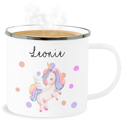 Emaille Becher Blechbecher - Einhörner - Süßes Einhorn Sweet Unicorn - 300 ml - Weiß Silber - enamel cup personalisierte kinder unicorns und tassen für kindergarten einhörnern tasse geschenke