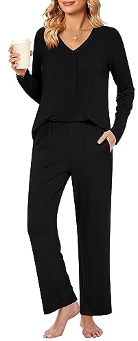 Bestbee Women's Pyjama Sets, 2 Piece V Neck Nightwear Lounge Outfits Long Sleeve Long Pants With Pockets Ladies Pjs Set, M, Black