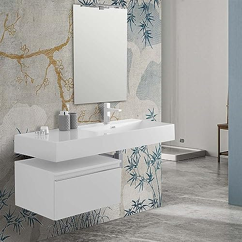Inbagno Mobile Bagno sospeso 60 cm Bianco Lucido con lavabo 120 cm, in Resina con Vasca decentrata a Destra, Specchio a Filo Reversibile 70x90