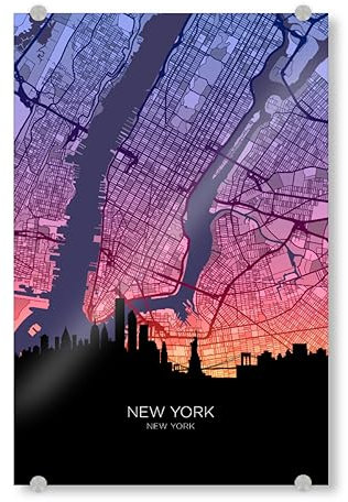 artboxONE Acrylglasbild 60x40 cm Städte New York City Skyline Map Sunset - Bild New York City malerei mapskyline