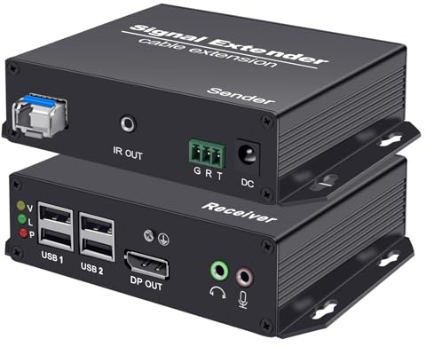 DisplayPort KVM Extender Over SM Fiber Up to 20KM, 4K@30Hz KVM Over Fiber Extender Support All Systems, with 4 USB2.0 Ports, IR Control, Bidirectional RS232, Audio, Zero Latency, Plug and Play