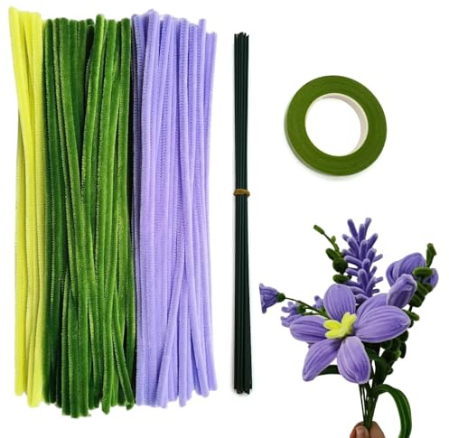 Swpohrat 210 Pieces Craft Pipe Cleaners Flower Set,Chenille Stem Pipecleaner Kit for Craft Tulip Lily Bouquet Making,DIY Craft Projects and Holiday Decorations (Purple + Green)